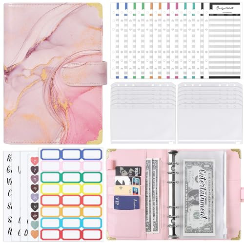 AOFITEE Budget Planner Deutsch, A6 Geld Organizer Budgetplaner Kunstleder Ringbuch, 2024 Geld Organizer Budget Planer mit 12 Binder Taschen, Geld Sparen Challenge Budget Binder Sparchallenge
