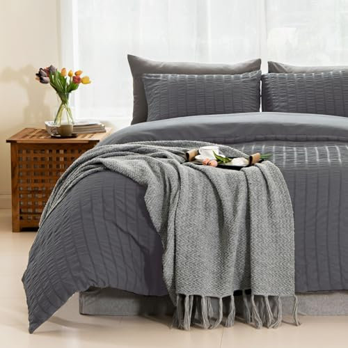 Tokokimo Seersucker Bettwäsche 155x220 - Dunkelgrau Bettbezug 155x220 cm Microfaser 2teilig Sommer Bettwäsche Set mit Reißverschluss - und 1 Kopfkissenbezug 80x80cm mit Reißverschluss