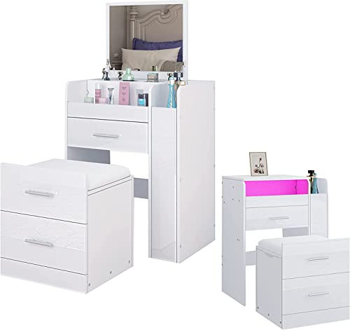 Dressing Table with LED Lights Vanity Makeup Table with Storage Cushioned Stool and Flip Up Mirror Makeup Desk 4 Drawers for Bedroom Living Room Dresser Furniture (White)