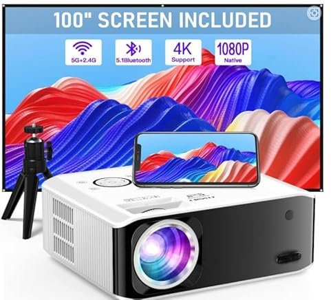 [Electric Keystone 6D/4P] Projector 4K Supported, 2024 Upgraded 18000L Native 1080P 5G WiFi Bluetooth, 50%-100% Zoom, Mini Projector with Screen and Tripod for iOS/Android/TV Stick