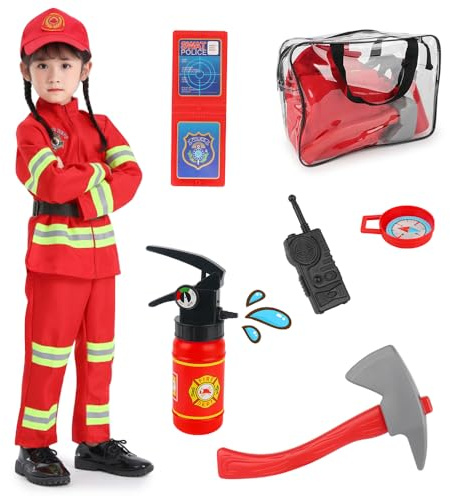 Hojalis 9Pcs Costume de Pompier pour Enfants, Deguisement Pompier Enfant, Costume Pompier Enfant avec Pompier Jouet, Déguisement Pompier Contient pour Halloween ou Carnaval, Jeu de Rôle
