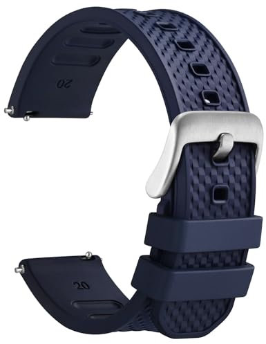 WOCCI 20mm Plaid Watch Strap, FKM Rubber Band, Quick Release, Silver Brushed Buckle (Blue)