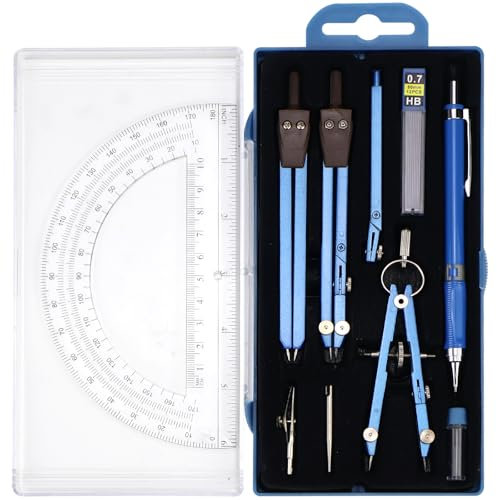 WPPQWP Zirkel-Set Geometrieset 10-Teilig, Zirkel Mit feststellrad mit Geodreieck, Ersatzbleimine, Geometrie Set für Geeignet um Präzision zu erschaffen(Blau)