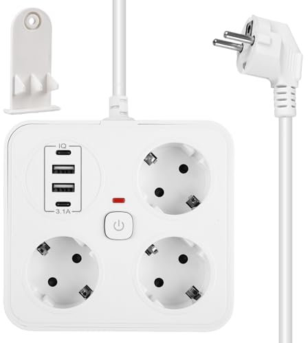 Multiprise 7 en 1 avec USB, 3 prises et 2 ports USB (5 V/3,1 A), avec interrupteur, adaptateur de prise avec câble d'extension de 2 m, pour bureau, maison et voyage, blanc