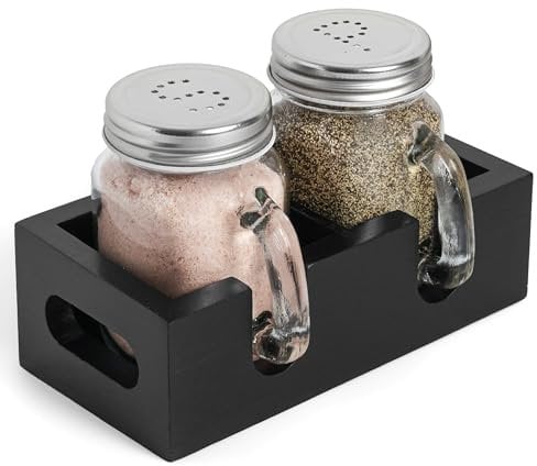 Mason Jar Salt and Pepper Shakers - Glass Shaker Set with Wood Holder Caddy, Easy to Clean & Refill for Farmhouse Kitchen Table, Home and Gifts (Black)