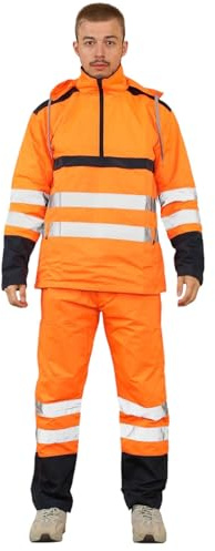 janisramone® Mens Hi Vis Waterproof Suit, Contrast Reflective Tape Hi Vis Hooded Work Jacket With Elastic Waist Waterproof Trousers, Tracksuit Mens Full Set, Workwear Rain Suit