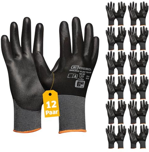 Gebol Micro Flex Touch, 12 Paar Arbeitshandschuhe Herren, Touchscreen-kompatibel durch Kupferfasern, atmungsaktive Montagehandschuhe mit PU-Beschichtung für sicheren Griff, Gr. XXL (Gr.11), Schwarz