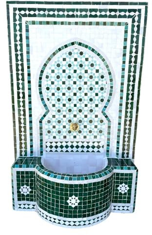 Dekorativer Brunnen aus Mosaik mit emaillierten Fliesen, marokkanischer Stil, Grün und Weiß, 79 x 35 x Höhe 125 cm