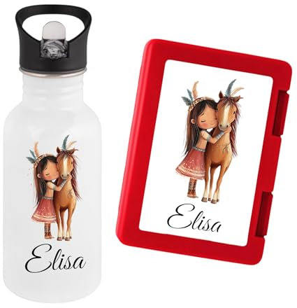 Personalisierte Trinkflasche Kinder Edelstahl mit Pony, Einhorn, Pferd oder Prinzessin [ 400ml ] - Robuste Trinkflasche + Brotdose mit Namen und Motiv als Set - Flasche mit Trinkhalm (Pferd)