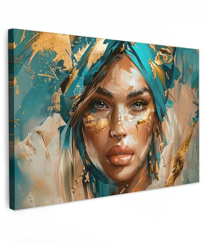 MuchoWow© Cuadros Decoracion Salon Modernos 120x80 cm para Dormitorios Cuadro Decorativos de Salon Lienzos Decorativo Pared Comedor Decoracion Pasillo Mujer - Retrato - Oro - Lujo - Azul