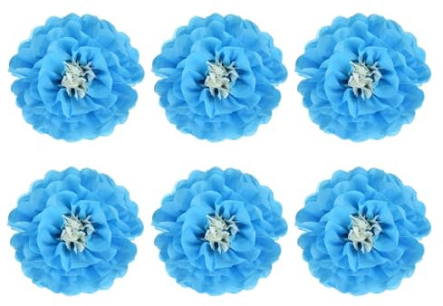 Rebower 6 Pcs Sky Blue Paper Flowers, 6 3D Tissue Paper Pom Poms, Wedding & Birthday Party Decorations