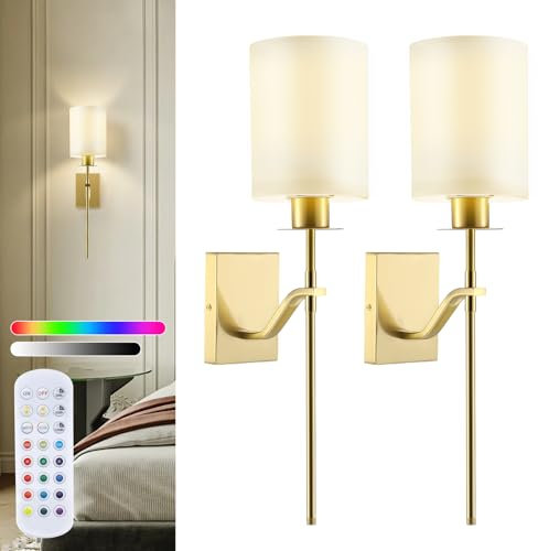 2Pcs Battery Operated Wall Sconce, 5000mAh Rechargeable Wireless Wall Lights with Detachable Bulbs, Remote Control, Dimmable 12RGB Colors, 3 Color Temperature Wall Lamp for Bedroom Living Room(Gold)