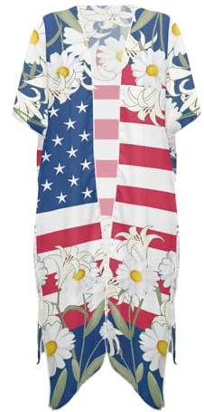 POLERO Patriotic Women's Cover Up for Swimsuit Daisy American Flag Chiffon Kimono Cardigans Casual Loose Tops Bikini Coverups for 4th of July