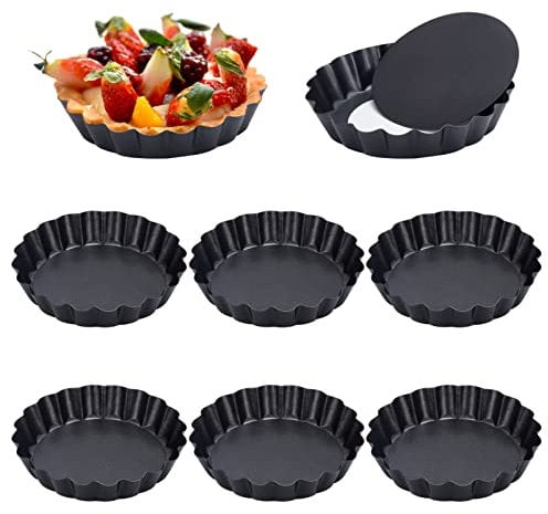 Jesustree Moule à Tartelette, Lot de 8 Moule a Tarte à Fond Amovible, 10 cm Revêtement Antiadhésif Ronde Moule à Quiche Plat a Tarte en Acier Carbone Cannelés dentelé pour Individuel Gâteaux Muffins