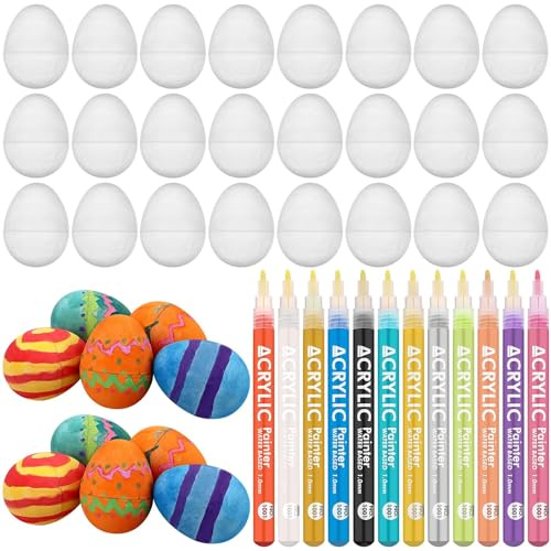 DatingShiny 24 Pcs Paper Mache Easter Eggs with 12 Color Marker White Paintable Fillable Coloring Eggs Blank Empty Eggs Bulk for Easter Basket Stuffers Fillers Easter