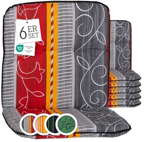 Beo Bali Elmira Gartenstuhl-Auflagen Niedriglehner 96x47 cm, 6er Set | grau, rot, gelb mit Ranke | Waschbare, UV-beständige Sitz-Kissen | Atmungsaktive Polster-Auflagen nach Öko-Tex Standard