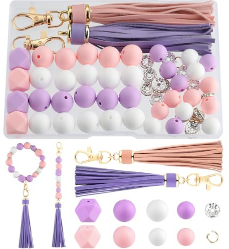 NEBURORA Silicone Beads for Keychain Making Kit, Purple Pink White Beads with Leather Tassels for Bracelets Crafts Beadable Pens Decorations Jewelry Making