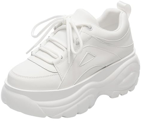 ANUFER Scarpe da ginnastica da donna, con plateau, casual, con lacci, per papà, bianco, 40 EU