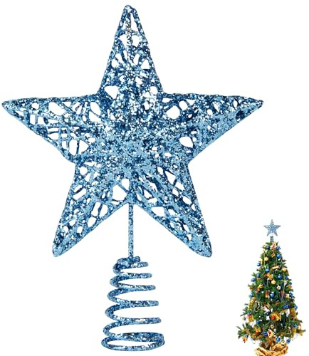 KEYIDO Blue Small Christmas Tree Topper Mini Star for Christmas Tree Metal Xmas Small Star for Top of Christmas Tree Decorations Width 12cm/5Inch High 15cm/6Inch