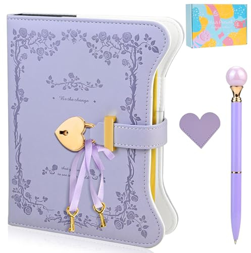 Diary with Lock for Girls and Women, Lockable diary Kids Diary, A5 PU Leather Notebook with LocK, 360 Pages Journal with Lock and Keys, Pen, Gift box, lockable Secret DiarY for Girls Ages 8-14(Purple)