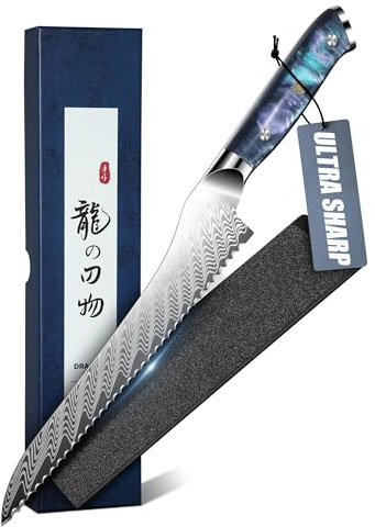 DRAGON RIOT Brotmesser mit Wellenschliff mit Resin-Griff & Scheide | Edelstahl-Brötchenmesser mit 56±2 HRC und 15° Schliff für Kuchen, Bagels, Baguettes，Geschenke für Männer