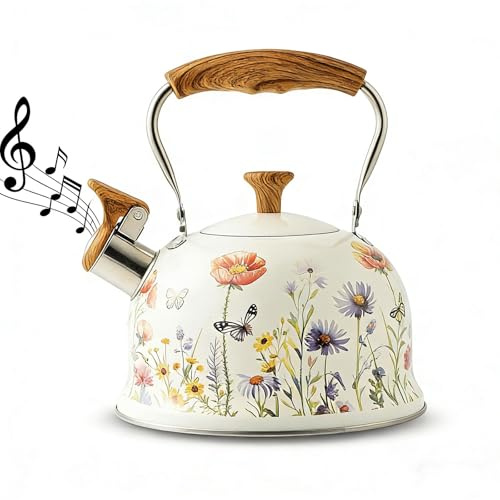 Stove Top Kettle, 3L Floral Kettle, Whistling Kettle with Anti-Hot Handle, Induction Hob Kettle, Stainless Steel Whistling Kettle for Gas Hob and Induction Stoves (Purple Flower)