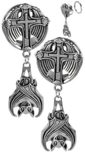 LGXLGX 2 Stück Ohr Tunnel Edelstahl Mit Fledermaus & Kreuz Anhänger - Retro Silber Dehner Plugs, Externes Gewinde Verstellbar Zum Stretchen(8mm)