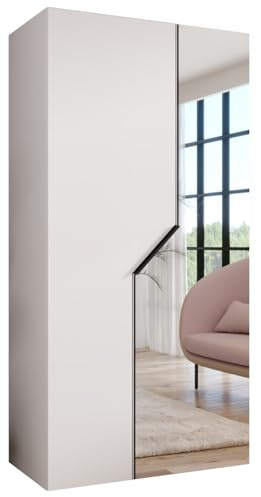 MEBLE KRYSPOL - Kleiderschrank - Garderobenschrank - 100 cm x 202 x 52 cm - Schrank mit Kleiderstange und Spiegel, 2 Türen - für Schlafzimmer, Flur - Andrew, Weiß, Griff Schwarz