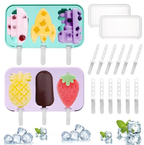2 Pcs Silicone Ice Lolly Moulds with 12 Sticks, 6 Shapes Popsicle Mould, Easy Release Lollipop Moulds, Ice Cream Moulds, Reusable Ice Pop Maker for Home Outdoor