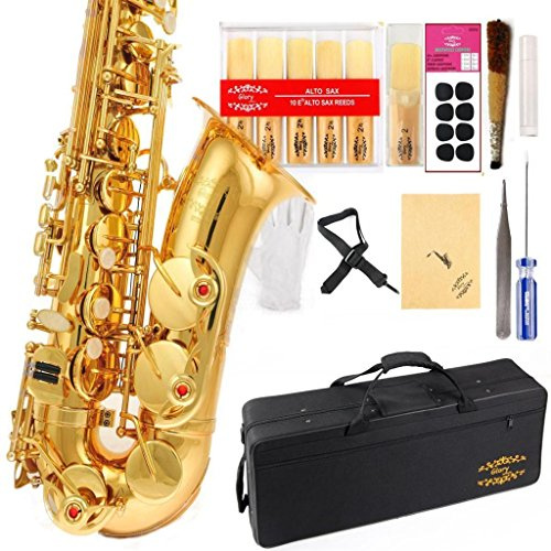 Glory - Saxofón Alto en mi bemol con 11 lengüetas, 8 almohadillas, estuche, kit de mantenimiento.