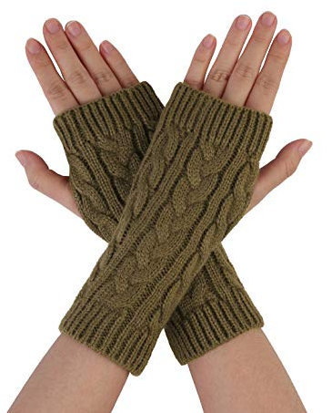 sourcing map Women's Ribbed Wrist Arm Warmers Stretchy Cable Knitted Fingerless Gloves Brown One Size
