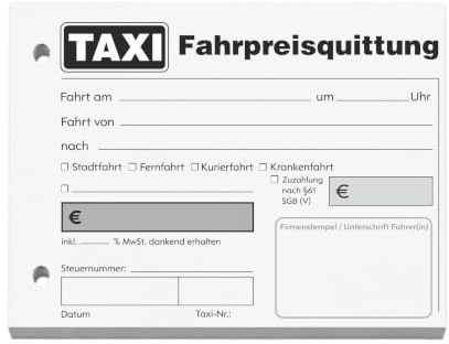 20x Taxiquittungsblock DIN A6 quer, 100 Blatt, gelocht, ohne Durchschlag | 100 Blatt für schnelle Fahrpreisabrechnungen – übersichtlich, gelocht und ohne Durchschlag