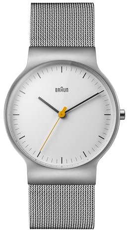 Braun Mens Quartz Watch with White Dial Analogue Display and Stainless Steel Mesh Strap BN0211BKMHG