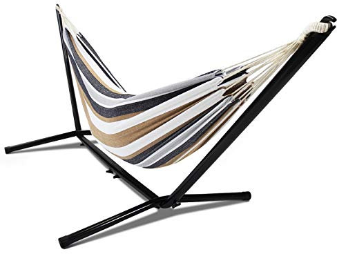 IDMarket – Hamaca con soporte de metal y lona a rayas negro, blanco y chocolate