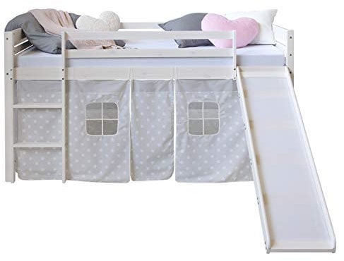 Homestyle4u 1884, Hochbett mit Rutsche Treppe Weiß Grau Kinderbett 90x200 Vorhang Sterne Bettgestell Holz Kiefer