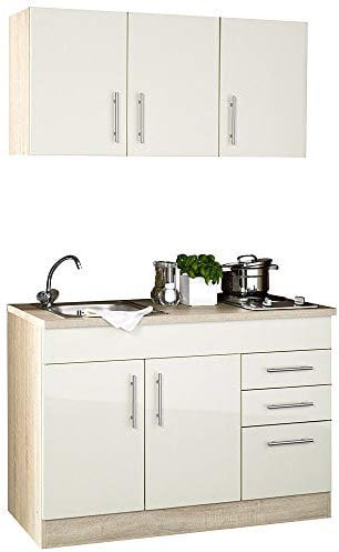 Lomadox Küchenblock Single-Küche 120cm in Creme Hochglanz inkl. Kochmulde und Spüle