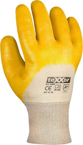 texxor 12 Stück Polyester-Strickhandschuhe 2358, Nitril beschichtet, Packung, weiß-gelb, 10/XL, Nitrilhandschuhe, Strickhandschuhe, Arbeitshandschuhe
