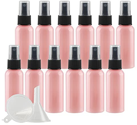 ZEOABSY 24 Piezas 50ml Botella de Spray Vacía Plástico Rosa Atomizador de Viaje Conjunto de Botellas, con Pulverizador de Niebla Fina Negro para Aromaterapiacon 2 Embudos