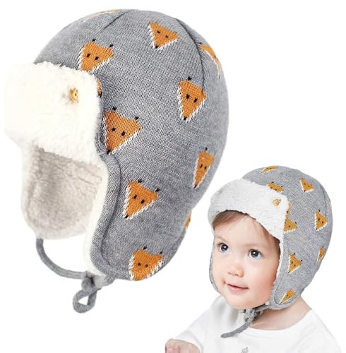 AIDIER Niedliche Wintermütze mit Ohrenklappe für Säuglinge und Kleinkinder, gestrickt, mit Fleece gefüttert, warme BeanieMütze mit Ohrenklappe, kaltes Wetter, ThermoBombermützen für Baby Mädchen