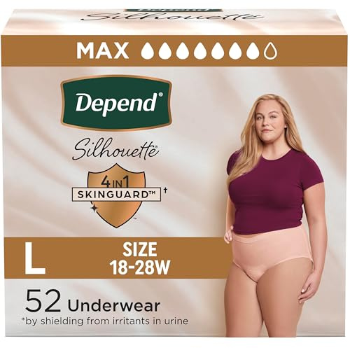 Depend Silhouette Erwachsene Inkontinenz und postpartale Blasenleck-Unterwäsche für Frauen, maximale Saugfähigkeit, Größe L, Rosa, 52 Stück (2 Packungen mit 26 Stück), Verpackung kann variieren