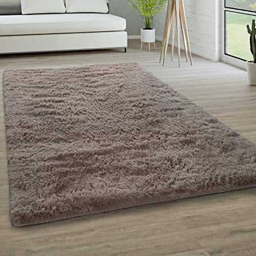 Paco Home Hochflor Teppich Wohnzimmer rutschfest Fellteppich Shaggy Flauschig Weich Modern Kunstfell Fell Imitat Einfarbig, Grösse:200x290 cm, Farbe:Taupe