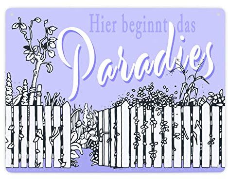 Gartenparadies Metallschild XXL in 28x38 cm flieder zum Thema Urlaub im Garten Entspannung Metall-Schild Paradies Blechschild Blumen Aluminium Schild Schrebergarten