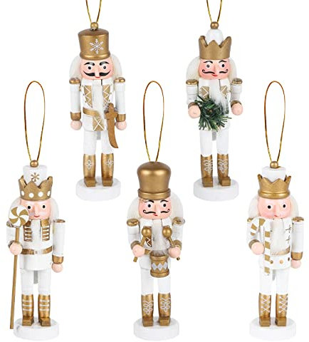 5 Piezas de Adornos de Cascanueces Cascanueces Decoraciones Navideñas Figuras de Cascanueces Cascanueces de Madera Decoraciones Colgantes para Decoración de árbol de Navidad Figura de Soldado Gold