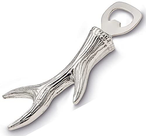 Flaschenöffner Geweih - 17 cm Bieröffner aus Aluminium, silberfarben & strukturiert, rustikaler Griff in Geweihform - origineller Kapselheber für Party, Grillabend & Geschenkidee