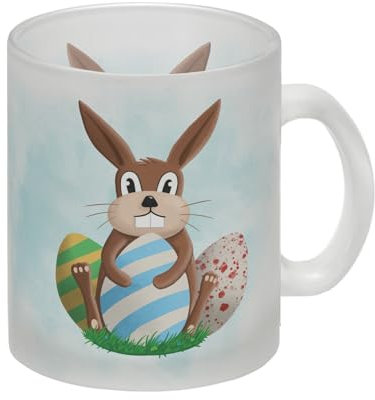 Osterhase und Ostereier Glas Tasse ein niedliches Geschenk für Kinder zu Ostern oder als witzige Teetasse mit süßem Osterhasen Glas Tasse Diese Tasse besticht durch das schöne