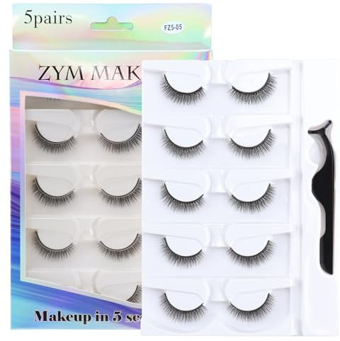 Lifuncren 5 Pairs Reusable Self Adhesive Eyelashes - No Glue or Eyeliner Required- 3D Pre Glued Eyelashes, Easy to Put On, Natural Look Waterproof False Eyelashes, Soft Fluffy Eye Lashes (FZ5-05)