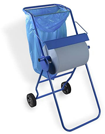 Bodenständer mit Müllsackhalterung für Putztuchrollen | für Industrierolle bis 40 cm Breite | Fahrbarer Putzrollenhalter für Werkstatt, Industrie, Garage und Handwerksbetrieb