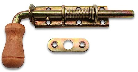 DOJA Barcelona | Verrou a Ressort Doré | Verrou | 150x95x50mm | en Zinc Galvanisé avec Poignee en Bois | Loquet Porte | pour Verrou Porte Coulissante, Serrure Portail Exterieur, Abri Jardin, Garage