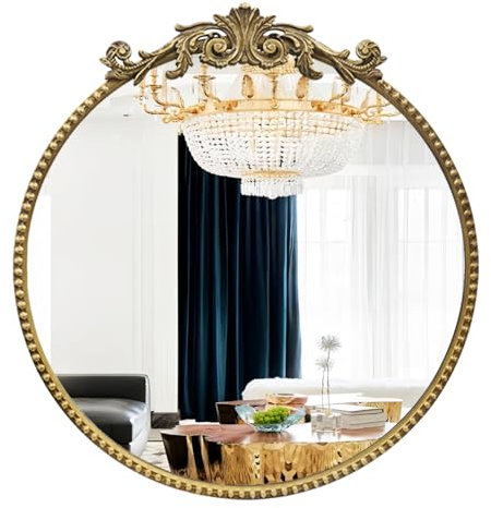 G-LEAF 60X60CM Retro Gold Runder Barock Spiegel, 24 inch Antik HD Runder Wandspiegel mit Metallrahmen für Badezimmer, Waschtisch, Wohnzimmer, Schlafzimmer, Eingang Wanddekoration Heimdekoration