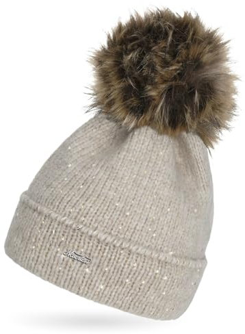 Neverless® Damen Strick-Mütze mit Fellbommel und Innenfutter Fleece Kunstfell Bommelmütze Glitzer-Effekt Umschlag Hellbeige Unisize